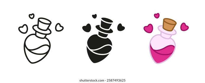 Love potion icon. Romance elixir bottle symbol. Valentine magic vector illustration. Pink spell bottle with hearts sign. Red flask with liquid pictogram. Love magic concept.