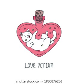 Love Potion. Illustration of a cute white cat sitting in the heart shaped magic bottle. Vector 10 EPS.