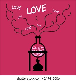 Love potion. Illustration with flask and alcohol lamp - Pink Background