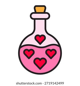 Love potion linear icon with editable stroke and color fill for Valentine’s Day. Magic heart bottle symbol for romance, dating, spell, wedding, greeting card, app, sticker, and Valentine design.