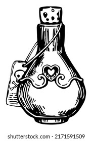 Love potion, magic spell heart elixir. Halloween hand drawn vector illustration in retro style. Spooky ink sketch isolated on white.