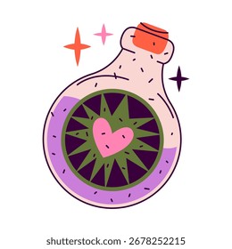Poción de amor o elixir de pasión con corazón. Vector botella mágica o frasco de encanto. Mezcla de encantamiento o deseo de brujería, brebaje de atracción o líquido romántico. Elemento de brujería del juego. Tónico o mezcla, bebida