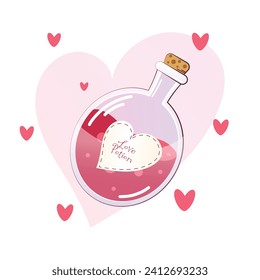 Love potion in pink bottle for who wants to fall in love. Valentine's Day, love, pink, vector, hearts. 
