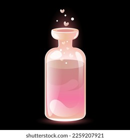 Love potion, pink glass bottle with drink on a black background. A magical spell, a rite on Valentine's Day. Perfume, aphrodisiac, passion. Stock illustration, vector.
