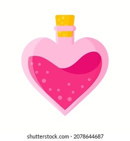 Love potion in pink heart bottle for the wedding or Valentine Day. Vector cartoon isolated illustration.