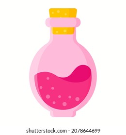 Love potion in pink oval bottle for the wedding or Valentine Day. Vector cartoon isolated illustration.
