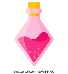 Love potion in pink rhombus bottle for the wedding or Valentine Day. Vector cartoon isolated illustration.