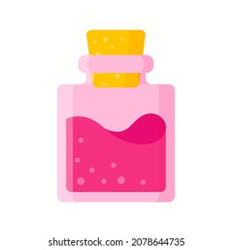 Love potion in pink small square bottle for the wedding or Valentine Day. Vector cartoon isolated illustration.