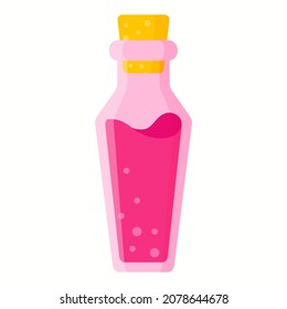 Love potion in pink small trapeze bottle for the wedding or Valentine Day. Vector cartoon isolated illustration.