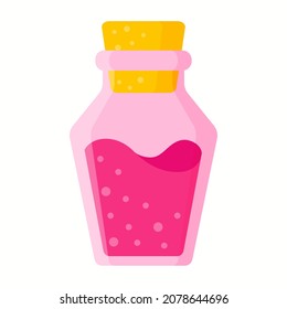 Love potion in pink trapeze bottle for the wedding or Valentine Day. Vector cartoon isolated illustration.