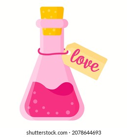 Love potion in pink triangle bottle for the wedding or Valentine Day. Vector cartoon isolated illustration.
