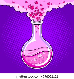 Love potion pop art retro vector illustration. Heart symbol. Color background. Comic book style imitation.