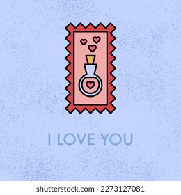 Love Potion Postal Stamp. Vector Illustration of Happy Valentine’s Day Wedding Concept.