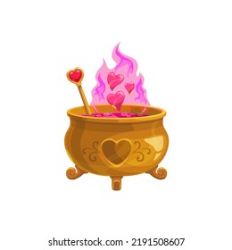 Love potion in pot, Saint Valentine day and wedding party isolated symbol. Vector hearts burning in pink flame in golden cauldron