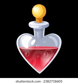 Poción de amor. líquido rojo en vidrio transparente en forma cardíaca. Bebida mágica, bruja o alquimia de mago. Sustancia afrodisíaca. Diseño de iconos de RPG Game Ui. Ilustración aislada de vectores de objetos de cocina