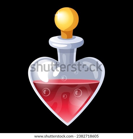 Love potion. red liquid in transparent glass in heart form. Magic beverage, witch or wizard alchemy. Aphrodisiac substance. RPG Game ui icon design. Witchcraft object vector isolated illustration