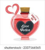 love potion. Rpg fantasy magic spell heart elixir. Chemistry glass bulb, pink liquid. Witch alchemy bottle, love vial. Aphrodisiac flask. Love formula. Marriage love potion. Vector illustration. 2118