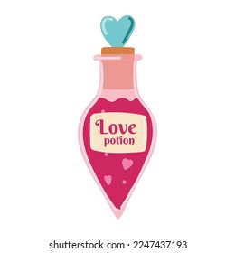love potion. Rpg fantasy magic spell heart elixir. Chemistry glass bulb, pink liquid. Witch alchemy bottle, love vial. Aphrodisiac flask. Love formula. Marriage love potion. Vector illustration.