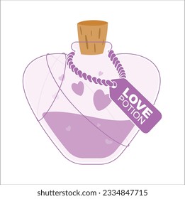 Love potion. Rpg fantasy magic spell heart elixir. Chemistry glass bulb, pink liquid. Witch alchemy bottle, love vial. Aphrodisiac flask. Love formula. Marriage love potion. potion in glass. 2114