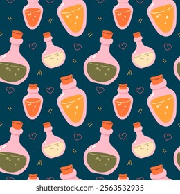 Love potion seamless pattern. Potion bottles in a flat style. Vector illustration