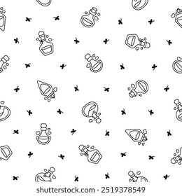 Love potion. Seamless pattern. Coloring Page. Stoppered glass bulb with heart. Aphrodisiac flask. Valentine's day. Hand drawn style. Vector drawing. Design ornaments.