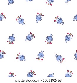 Love potion. Seamless pattern. Stoppered glass bulb with heart. Aphrodisiac flask. Valentine's day. Hand drawn style. Vector drawing. Design ornaments.