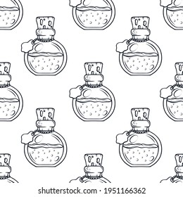 Love potion seamless pattern. Vector isolated background with elixir for witchcraft.