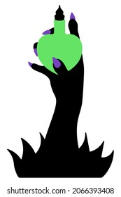 Love potion. Silhouette of a witch's hand holding a vessel in the shape of a heart. Green bottle of love potion. Vector illustration. Long fingers with sharp purple nails burst from the thicket 