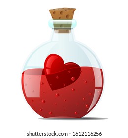 Love potion. A small glass bottle with a round bottom, with red heart inside. Laboratory glassware for research. Vector illustration on a card to valentine's day.