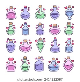 Love potion. Stoppered glass bulb with heart. Aphrodisiac flask. Valentine's day. Hand drawn style. Vector drawing. Collection of design elements.