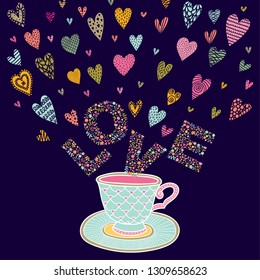 Love potion. Tea сup with letters love and sweet hearts. Vector decorative illustration for Valentine's day. Can be used as postcard, poster and etc.