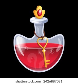 Love potion. Transparent bottle with red liquid and golden key. Magic beverage game interface isolated element. Fantasy witch alchemy substance. GUI icon. Cartoon flat style isolated illustration