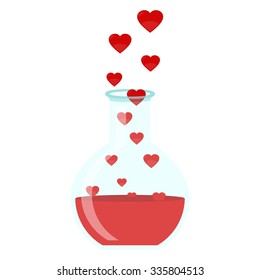 Love Potion. Transparent glass with red liquid out hearts. Potion of passion. Isolated. White background.