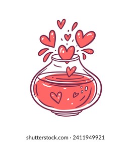 Love potion in a transparent vase with pink hearts. Valentines day holiday sign vector art. Isolated on transparent background.