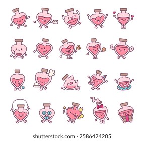 Love potion valentines day set featuring cute kawaii cartoon characters with magical bottles, romantic emotions, festive accessories, and adorable expressions in a holiday theme