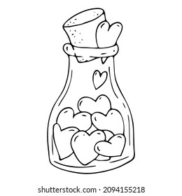 A love potion. Vector doodle illustration of a flask with hearts. Valentine's Day Icon