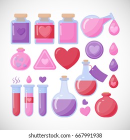 Love potion vector flat icon set, Flat design of St.Valentine day, romantic or magical symbols isolated on the white background, vector illustration