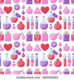 Love potion vector seamless pattern, Flat design of Valentine day, romantic or magical symbols isolated on the white background, vector illustration with swatch
