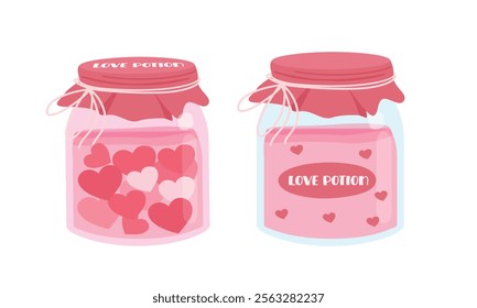 Love potion vector set in flat design. Love potion bottle with heart inside. Love element. Valentine element clipart in cartoon style isolated on white background.