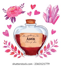 Love potion watercolor vector isolated element, love spell in a jar illustration