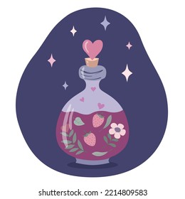 Love potion. Witch magic decoction. Bottle of aphrodisiac. Formula of love. Halloween. Vector illustration.