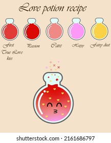 Love potion Witchcraft book page. Magic potion recipe