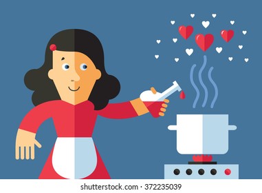 Love potion. Women in love cooking a dinner. Flat vector illustration.