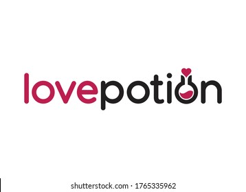 Love potion words with a bottle of red potion in the negative space of a letter O with a red heart stopper