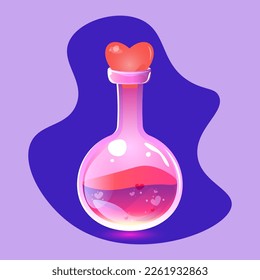 love potion.Chemistry glass bulb.Witch alchemy bottle, love vial.Love formula.Marriage love potion.Vector illustration.Aphrodisiac flask.cork in the shape of a heart.