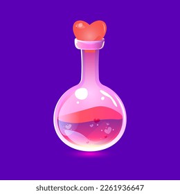 love potion.Chemistry glass bulb.Witch alchemy bottle, love vial.Love formula.Marriage love potion.Vector illustration.Aphrodisiac flask.cork in the shape of a heart.