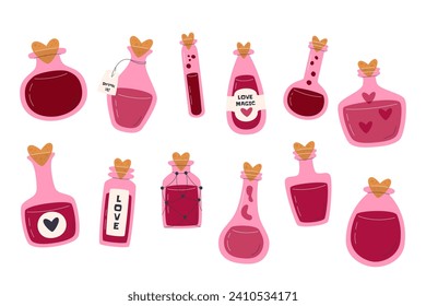 Love potions collection. Different-shaped glass jars with elixirs. Alchemy elements set. Vintage flask and bottle bundle isolated on white. Valentine's day related hand drawn flat vector illustration