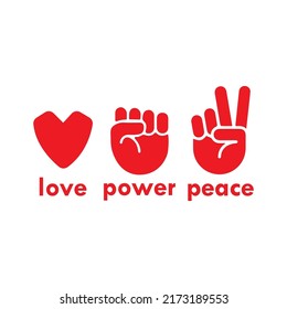 Love, power, peace symbols. Isolated red symbols for print. Vector stock illustration.