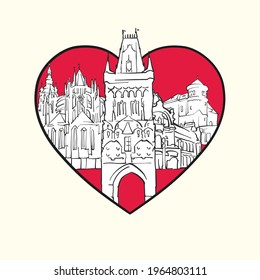I love Prague. Red heart and famous buildings, Czech Republic Composition. Hand-drawn black and white vector illustration. Grouped and movable objects.