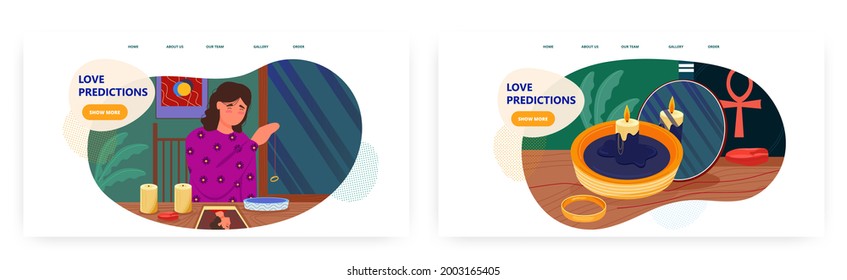 Love predictions landing page design, website banner vector template set. Woman predicting marriage with wedding ring.